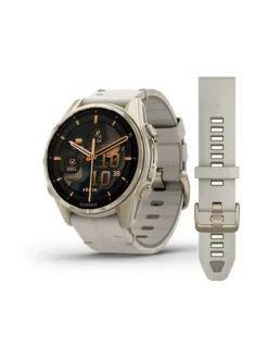 GARMIN Smartwatches | Herrenuhren-fēnix® 8 - 43 mm AMOLED Sapphire Nebelgrau/Softgold mit Lederarmband 010-02903-40