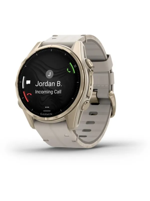 GARMIN Smartwatches | Herrenuhren-fēnix® 8 - 43 mm AMOLED Sapphire Nebelgrau/Softgold mit Lederarmband 010-02903-40