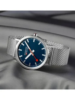MONDAINE Herrenuhren-Classic 40 mm, gebürstet, blau, Milanese A660.30360.40SBJ