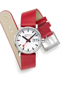 MONDAINE Damenuhren-evo2, 30 mm Leder vegan rot Datum MSE.30210.LCV