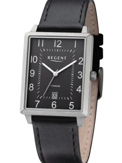 REGENT Herrenuhren-Herrenuhr eckig Titan schwarz Leder F1273