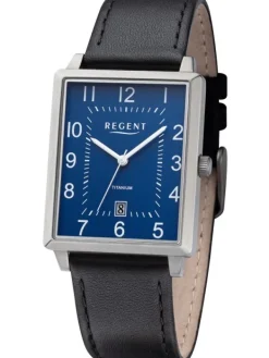 REGENT Herrenuhren-Herrenuhr eckig Titan blau Leder F1274
