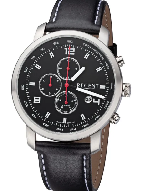 REGENT Herrenuhren-Herrenuhr Quarz Chronograph schwarz Lederband GM-2108