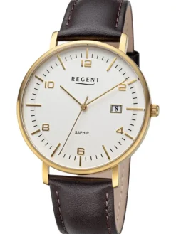 REGENT Herrenuhren-Herrenuhr Quarz goldf. Lederband Saphir F1517