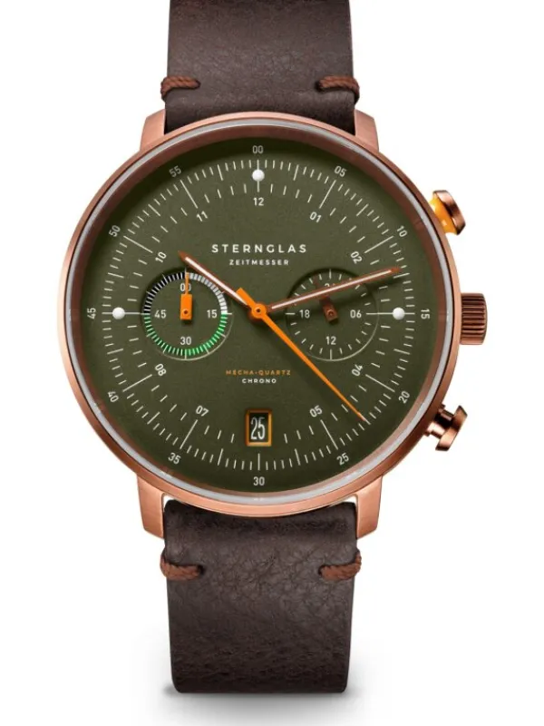STERNGLAS Herrenuhren | Damenuhren-HAMBURG Chrono dunkelgrün Band Vintage mokka S01-HC35-VI17