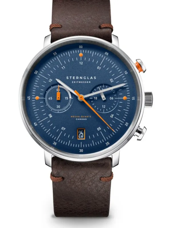 STERNGLAS Herrenuhren-HAMBURG Chrono Edition Küste dunkelblau silber Vintage mokka S01-HC06-VI11