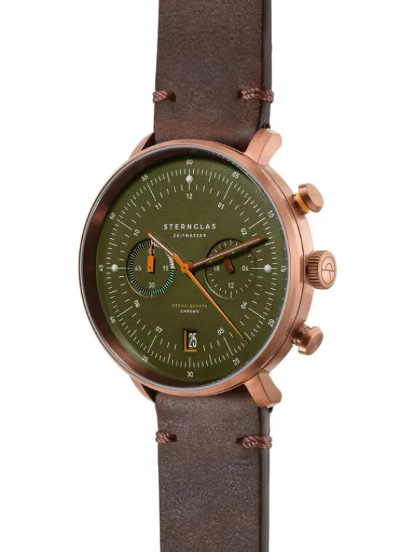 STERNGLAS Herrenuhren | Damenuhren-HAMBURG Chrono dunkelgrün Band Vintage mokka S01-HC35-VI17