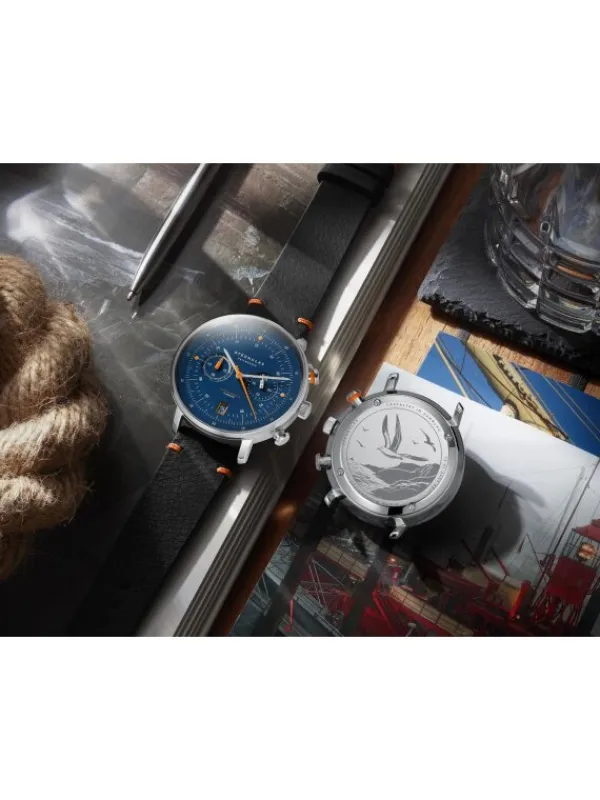 STERNGLAS Herrenuhren-HAMBURG Chrono Edition Küste dunkelblau silber Editionsband Küste nero orange S01-HC06-EB05