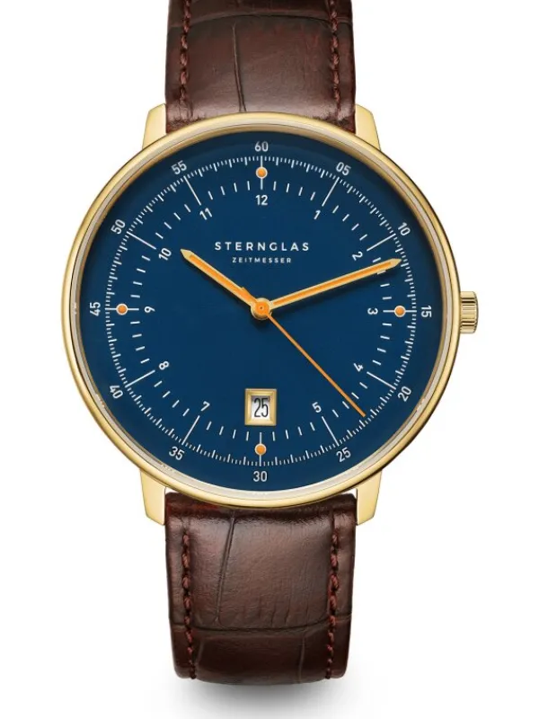 STERNGLAS Herrenuhren | Damenuhren-HAMBURG dunkelblau/gold Band dunkelbraun S01-HH07-HE01