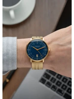 STERNGLAS Herrenuhren | Damenuhren-HAMBURG dunkelblau goldf. Metallarmband S01-HH07-ME09