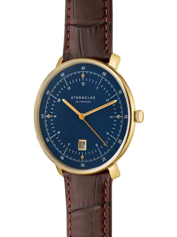 STERNGLAS Herrenuhren | Damenuhren-HAMBURG dunkelblau/gold Band dunkelbraun S01-HH07-HE01