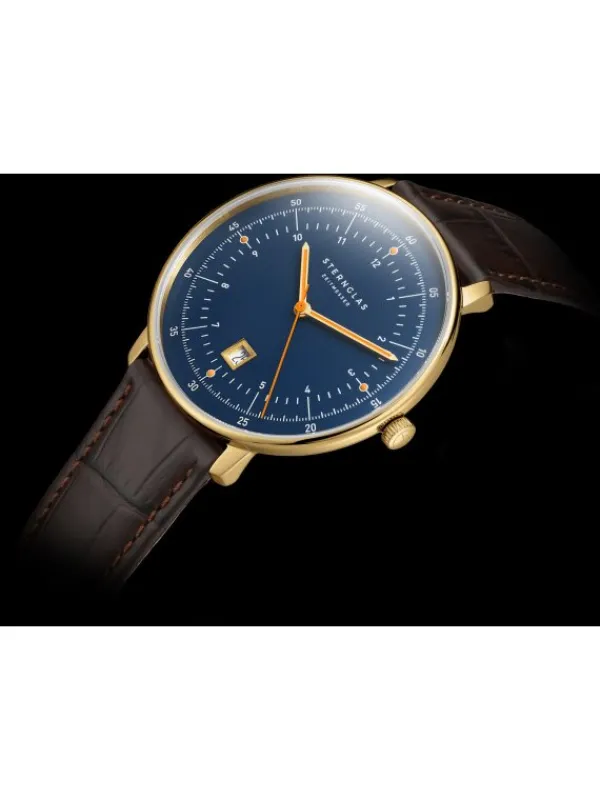 STERNGLAS Herrenuhren | Damenuhren-HAMBURG dunkelblau/gold Band dunkelbraun S01-HH07-HE01