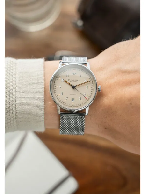 STERNGLAS Herrenuhren | Damenuhren-LUMATIK beige silber Band Milanaise S02-LM26-MI04