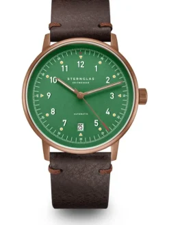 STERNGLAS Damenuhren | Herrenuhren-LUMATIK Edition Bronze grün Band Vintage mokka S02-LMR19-VI17