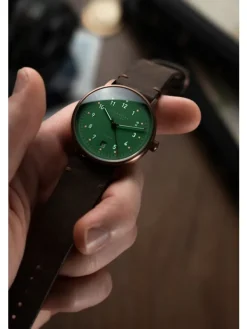 STERNGLAS Damenuhren | Herrenuhren-LUMATIK Edition Bronze grün Band Vintage mokka S02-LMR19-VI17