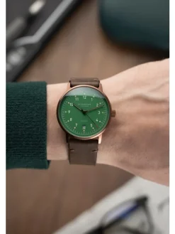 STERNGLAS Damenuhren | Herrenuhren-LUMATIK Edition Bronze grün Band Vintage mokka S02-LMR19-VI17