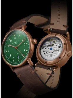 STERNGLAS Damenuhren | Herrenuhren-LUMATIK Edition Bronze grün Band Vintage mokka S02-LMR19-VI17