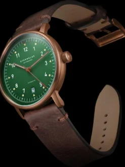 STERNGLAS Damenuhren | Herrenuhren-LUMATIK Edition Bronze grün Band Vintage mokka S02-LMR19-VI17