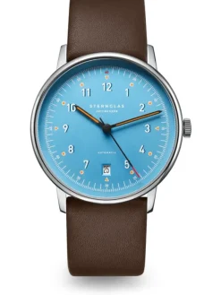 STERNGLAS Herrenuhren | Damenuhren-LUMATIK hellblau silber Band braun S02-LM17-PR04