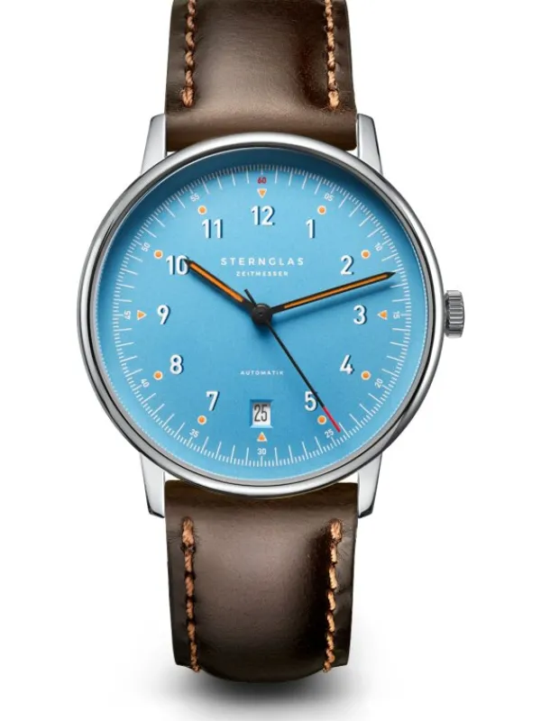 STERNGLAS Herrenuhren-LUMATIK hellblau silber Band Bridle braun S02-LM17-BR03