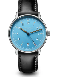 STERNGLAS Herrenuhren-LUMATIK hellblau silber Band Bridle schwarz S02-LM17-BR02