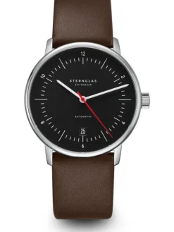 STERNGLAS Herrenuhren | Damenuhren-NAOS Automatik schwarz-rot Premium Band dunkelbraun S02-NA43-PR04