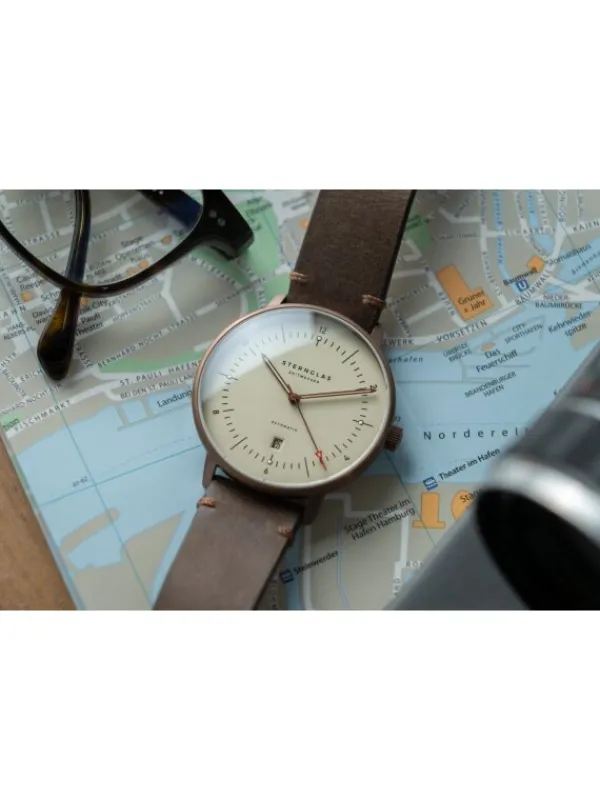 STERNGLAS Herrenuhren-NAOS XL Automatik bronze Alabaster Band Vintage mokka S02-NX42-VI17