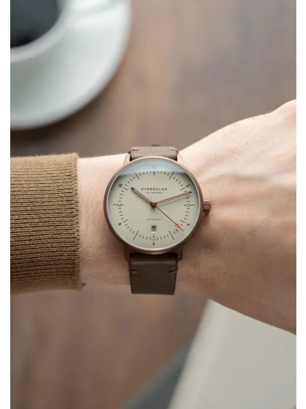 STERNGLAS Herrenuhren-NAOS XL Automatik bronze Alabaster Band Vintage mokka S02-NX42-VI17