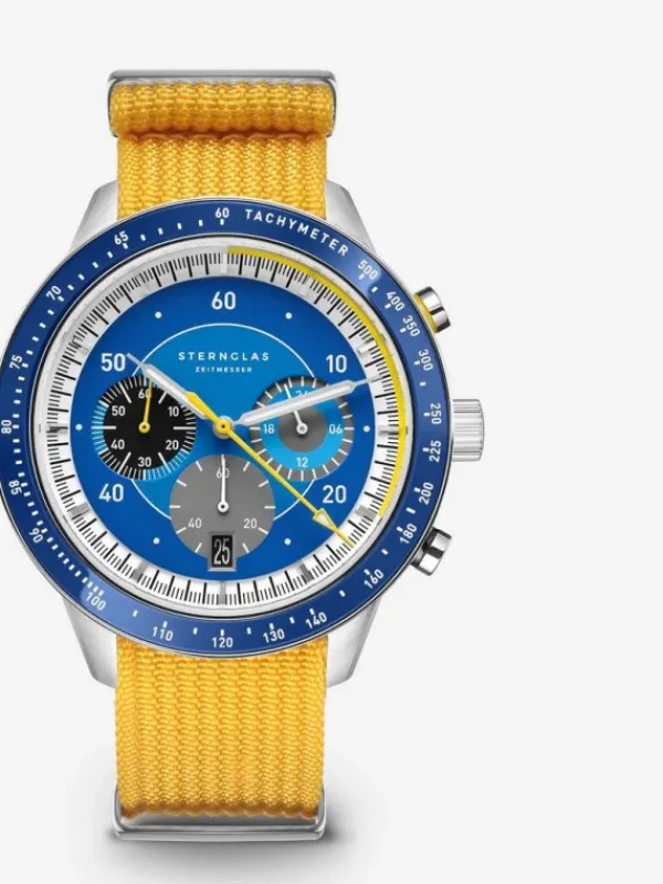 STERNGLAS Herrenuhren-TACHYMETER 2.0 dunkelblau silber Band signalgelb S01-TM06-FI01
